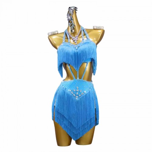 Custom size Girls kids turquoise blue fringe competition latin dance dress salsa rumba chacha ballroom samba performance costumes for children